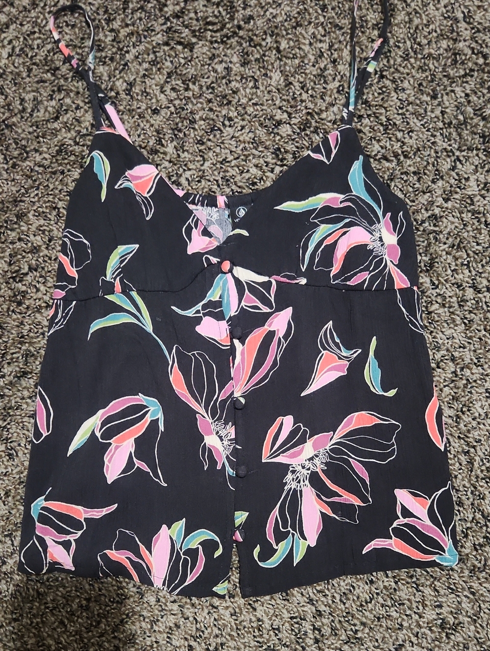 Volcom Black Floral Button-Front Cami with Pink and Teal Accents